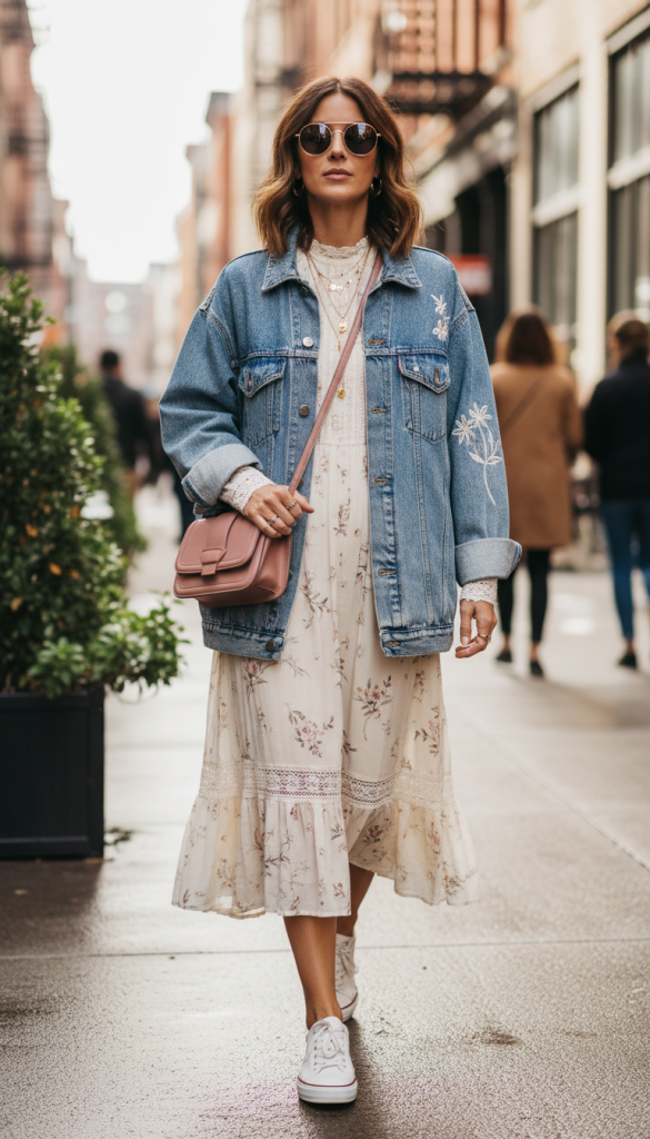 Denim Jacket over Soft Dress