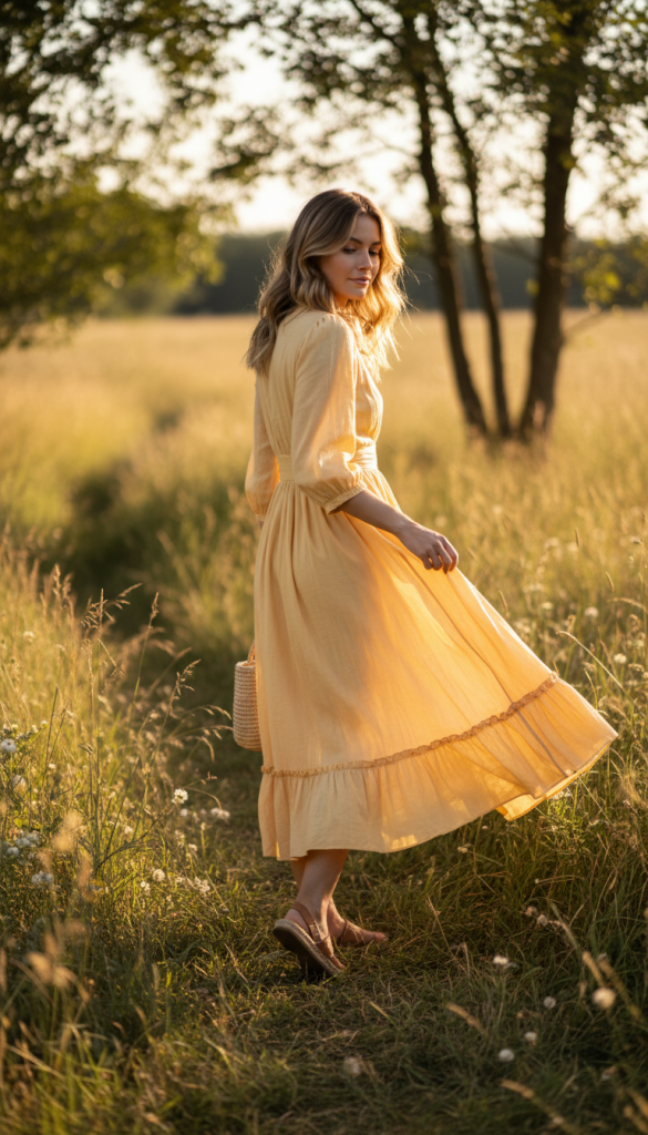 Flowing Butter Yellow Midi Dress Ensemble
