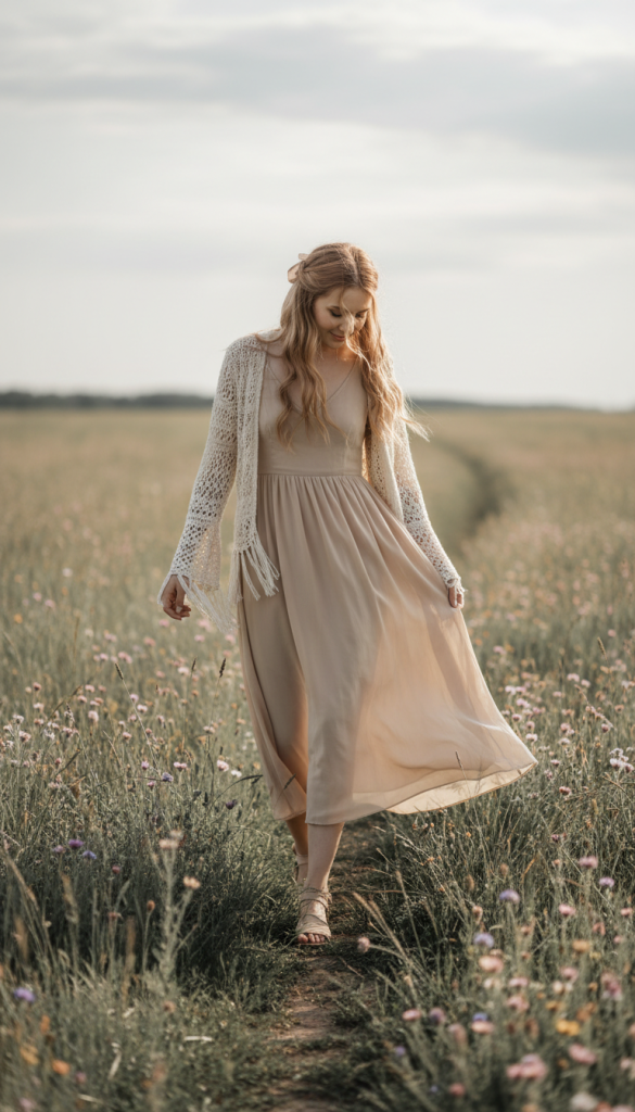 Flowy Midi Dress with Lightweight Cardigan