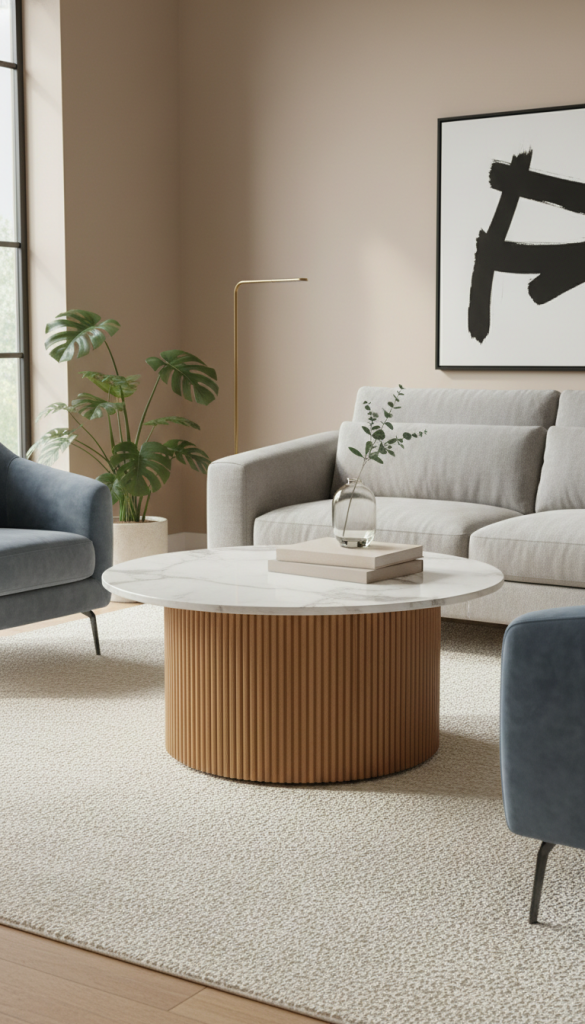 Fluted Coffee Table with Marble-Style Top