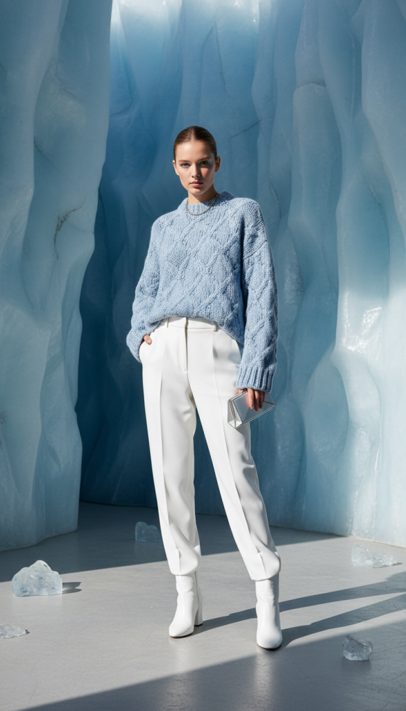 Icy Blue Knit With White Trousers