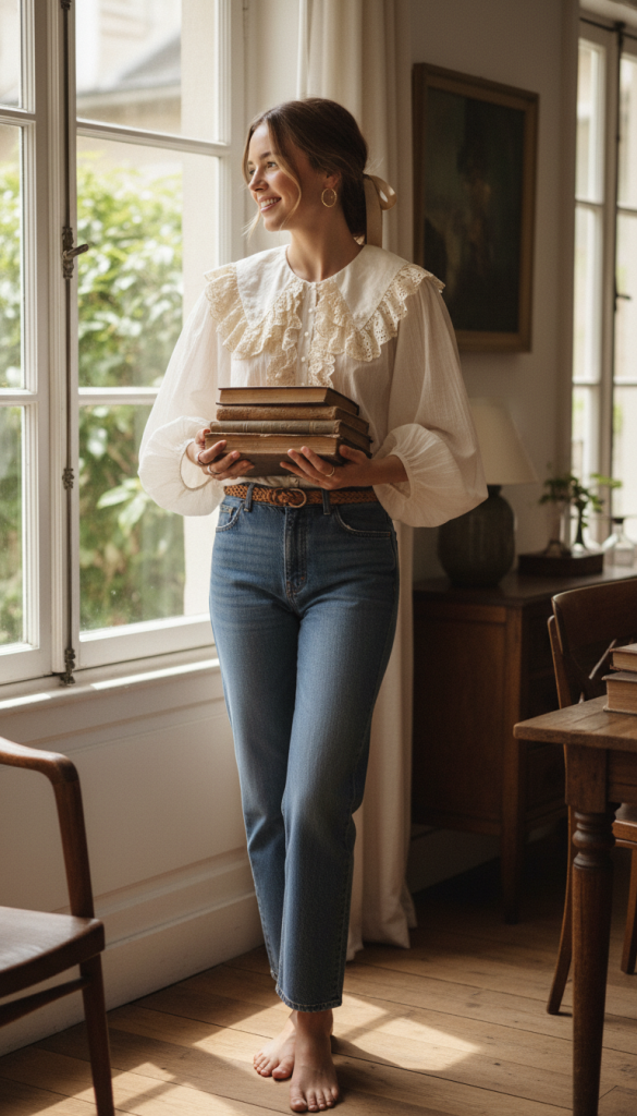 Lace-Trimmed Top with Straight-Leg Jeans