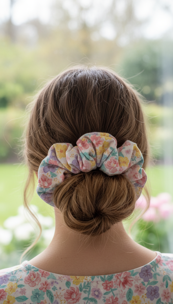 Low Bun with Floral Jumbo Scrunchie