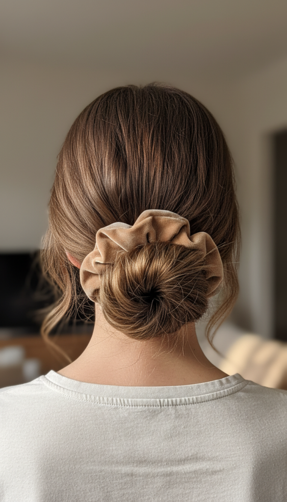 Low Bun with Layered Hair and Jumbo Scrunchie