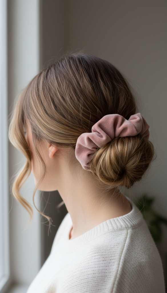 Low Bun with Oversized Scrunchie and Face-Framing Pieces