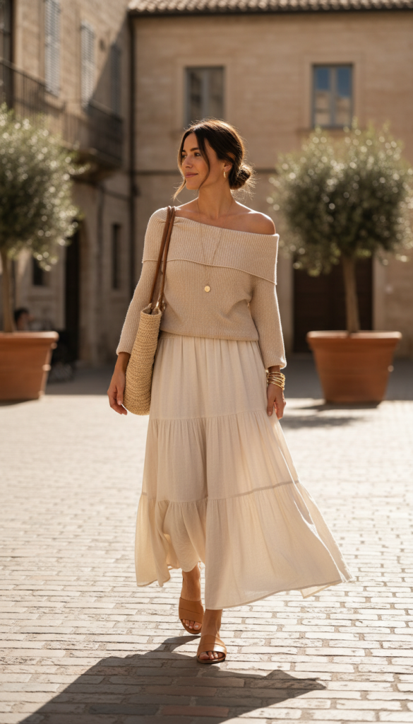 Off-Shoulder Knit with Flowing Maxi Skirt