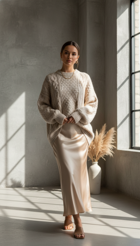 Oversized Neutral Sweater + Slip Skirt