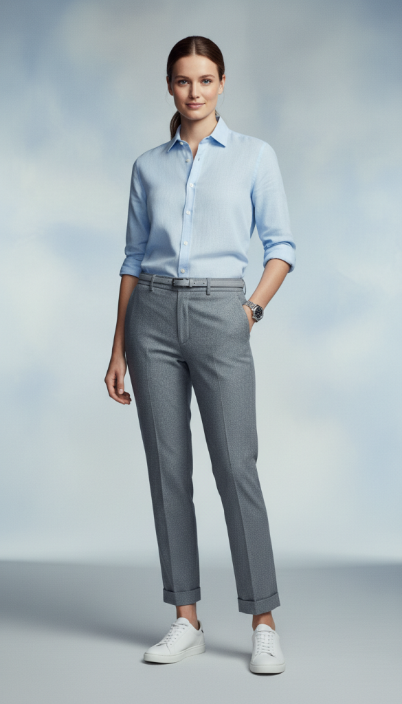 Pale Blue Shirt With Tailored Grey Pants