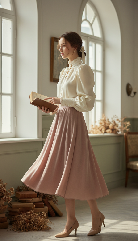 Puff-Sleeve Blouse with Midi Skirt