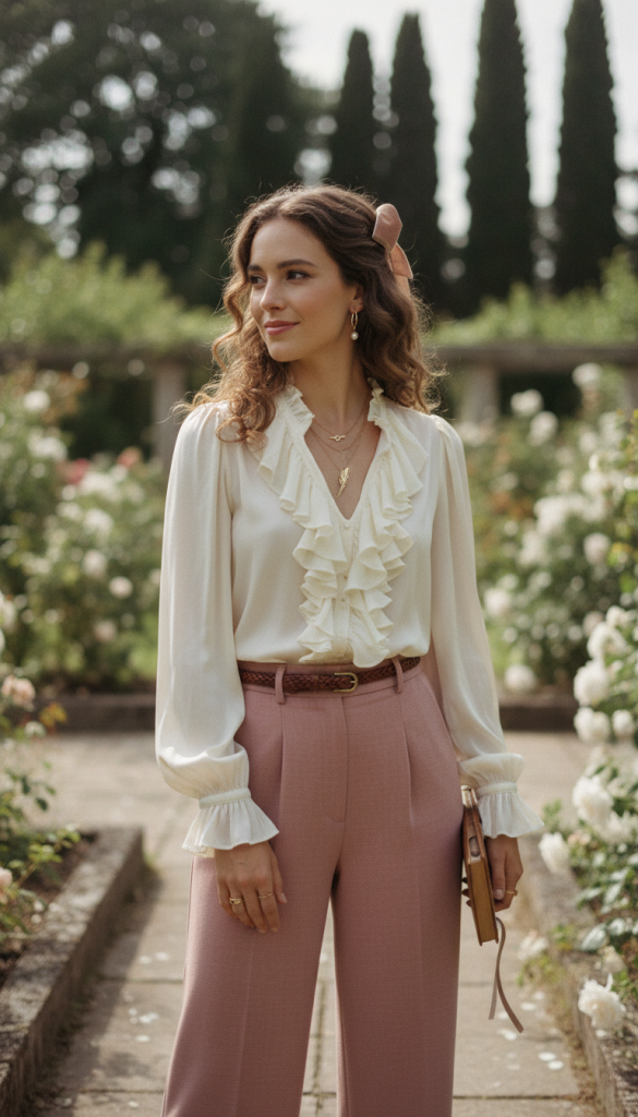 Ruffled Blouse with High-Waisted Pants