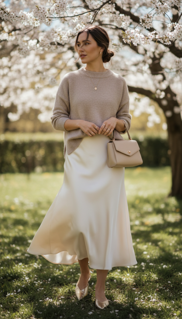 Satin Skirt + Lightweight Sweater