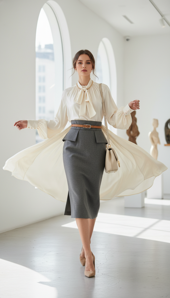 Silk Blouse with Tailored Skirt