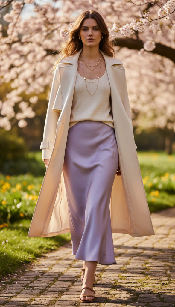 Trench Coat with Slip Skirt and Knit Top