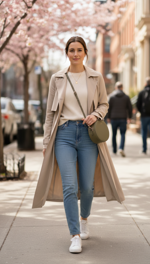 Trench Coat with Sneakers and Minimal Accessories