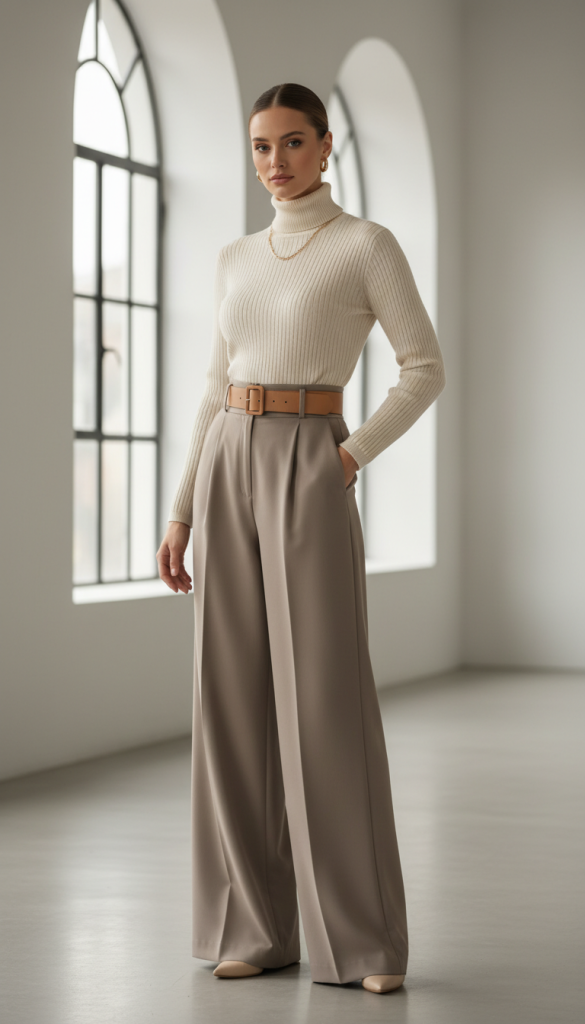 Turtleneck and Wide-Leg Trousers
