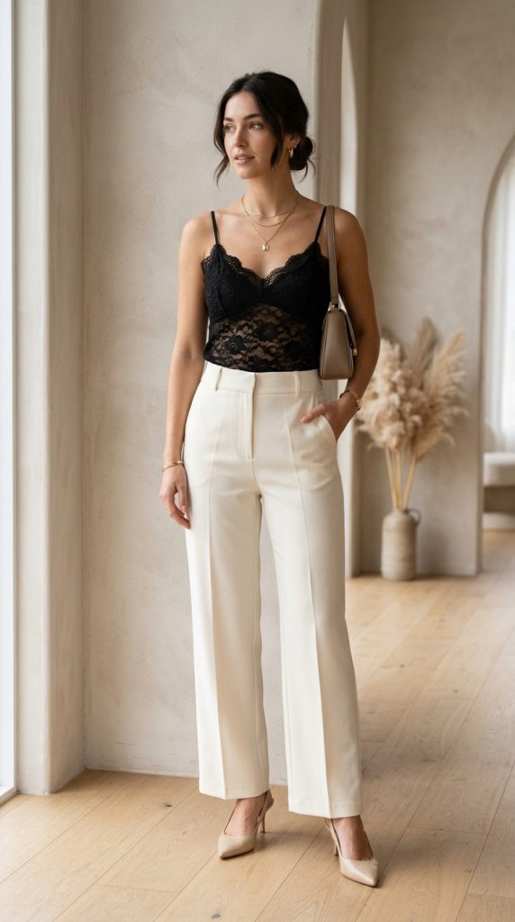 Lace Camisole With High-Waisted Trousers