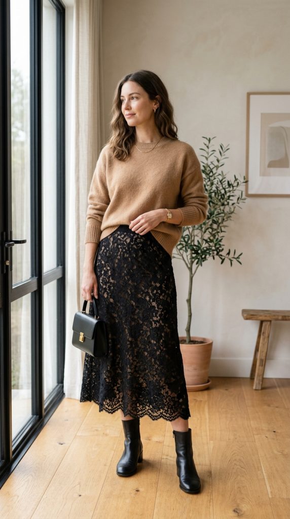 Lace Midi Skirt With Soft Knit Sweater