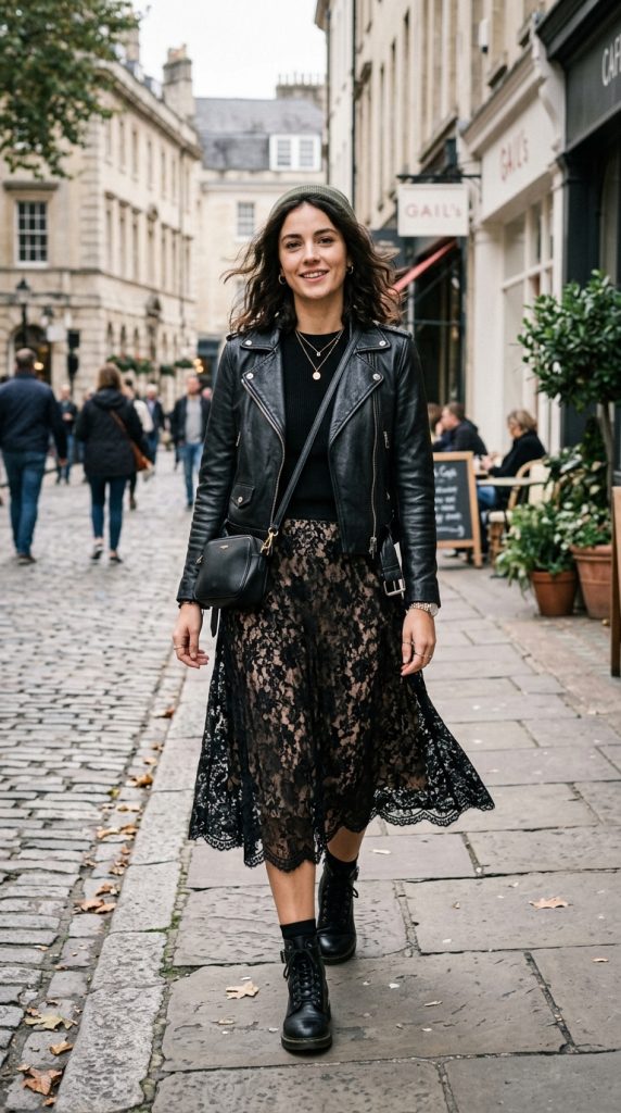 Lace Skirt With Leather Jacket