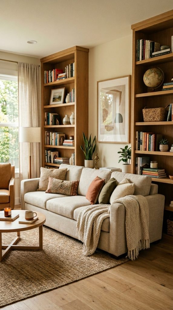 Use Bookshelves to Frame a Seating Area