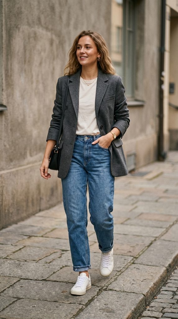 Blazer with Soft Tee and Relaxed Jeans