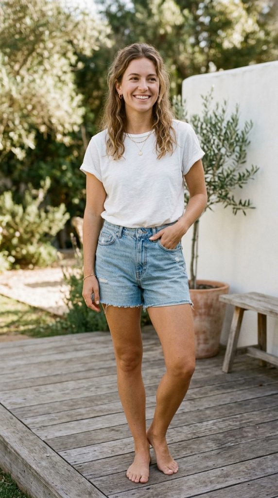 White T-Shirt with Denim Shorts