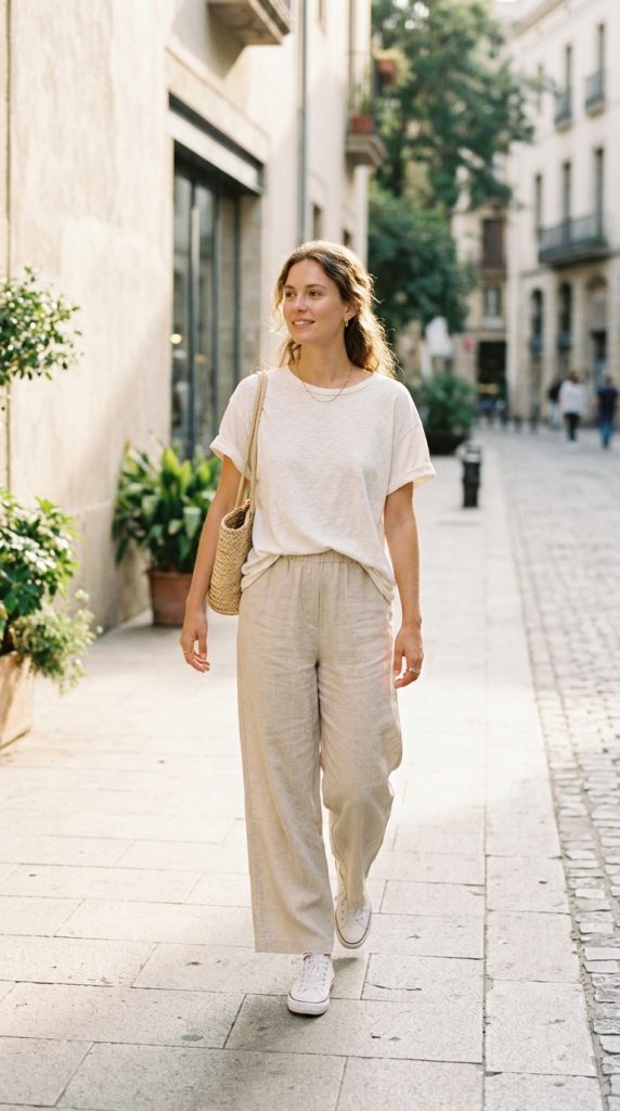 Cotton T-Shirt with Wide-Leg Pants