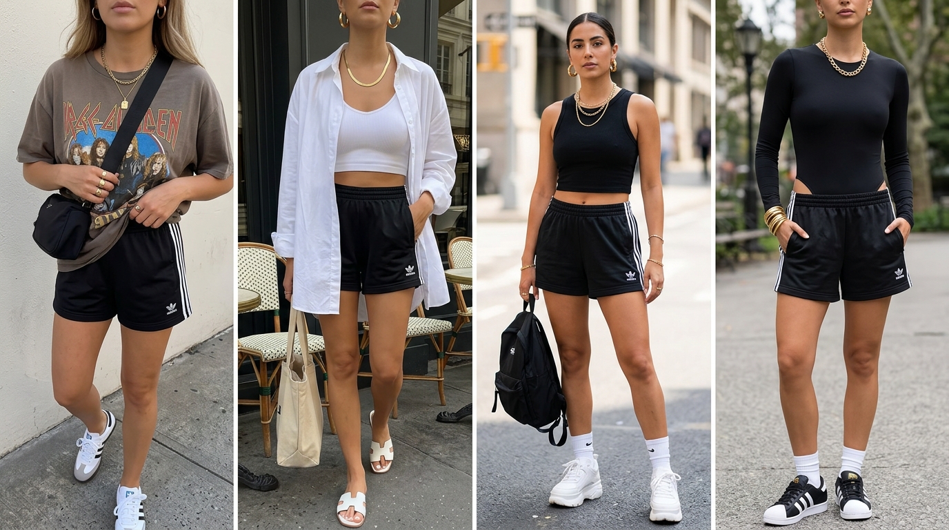 Adidas Shorts Outfit Ideas With Gold Jewelry