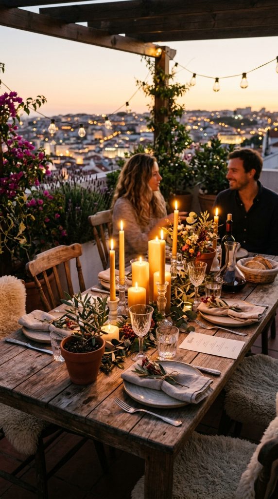 Candlelit Wooden Table Setup