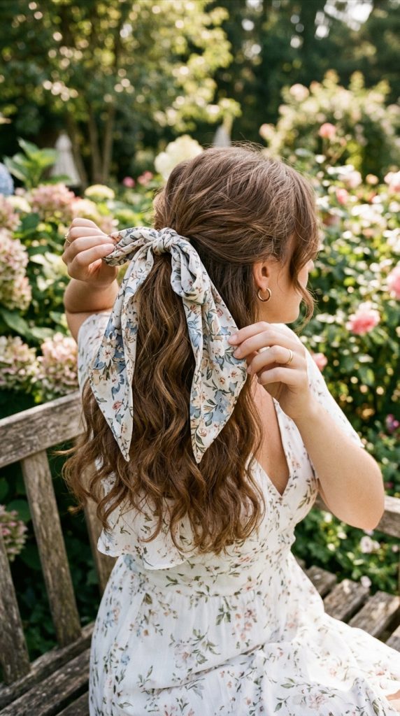 Half-Up Hairstyle With Printed Scarf