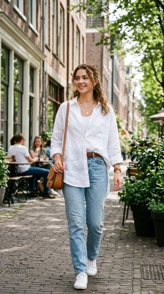 Loose Button-Down Shirt + Denim Shorts