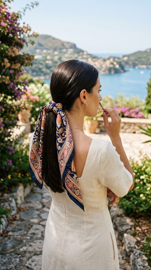 Low Ponytail With Silk Scarf