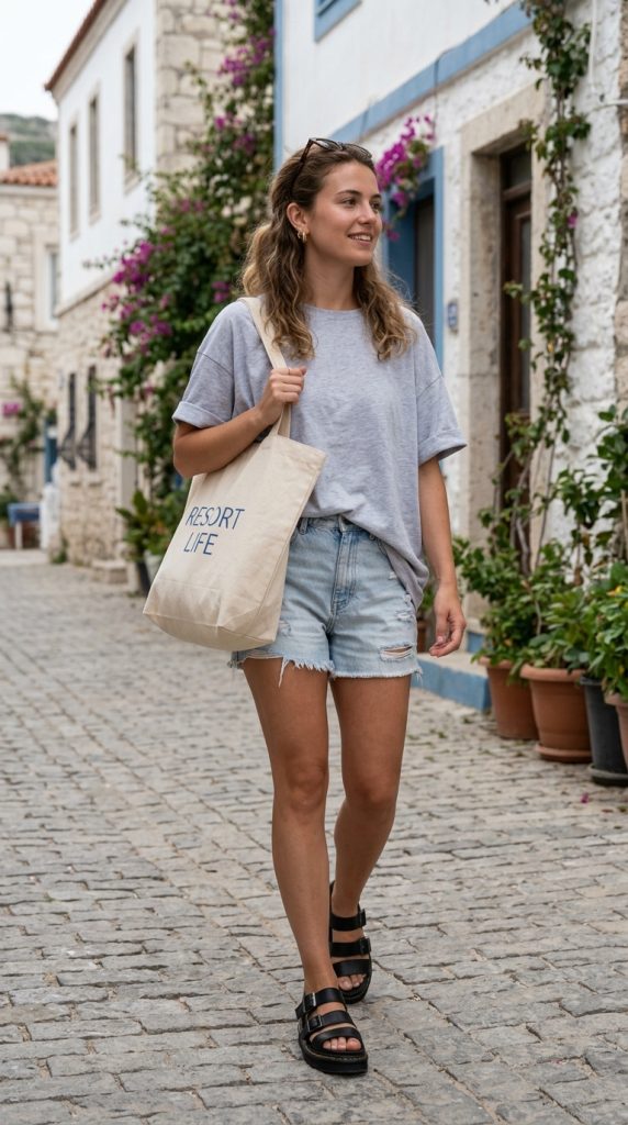 Oversized Graphic Tee with Denim Shorts