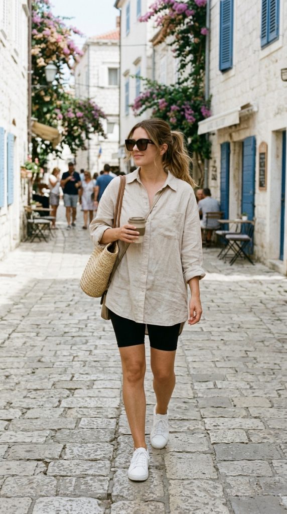Oversized Linen Shirt with Biker Shorts