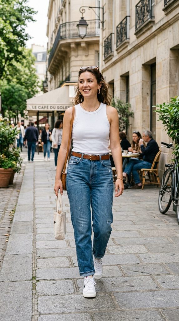 White Tiny Tank With High-Waisted Jeans