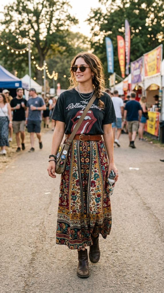 Band Tee and Printed Maxi Skirt