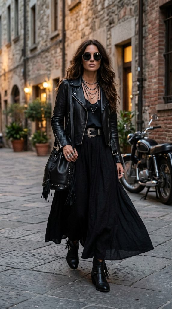 Black Maxi Skirt and Leather Layers