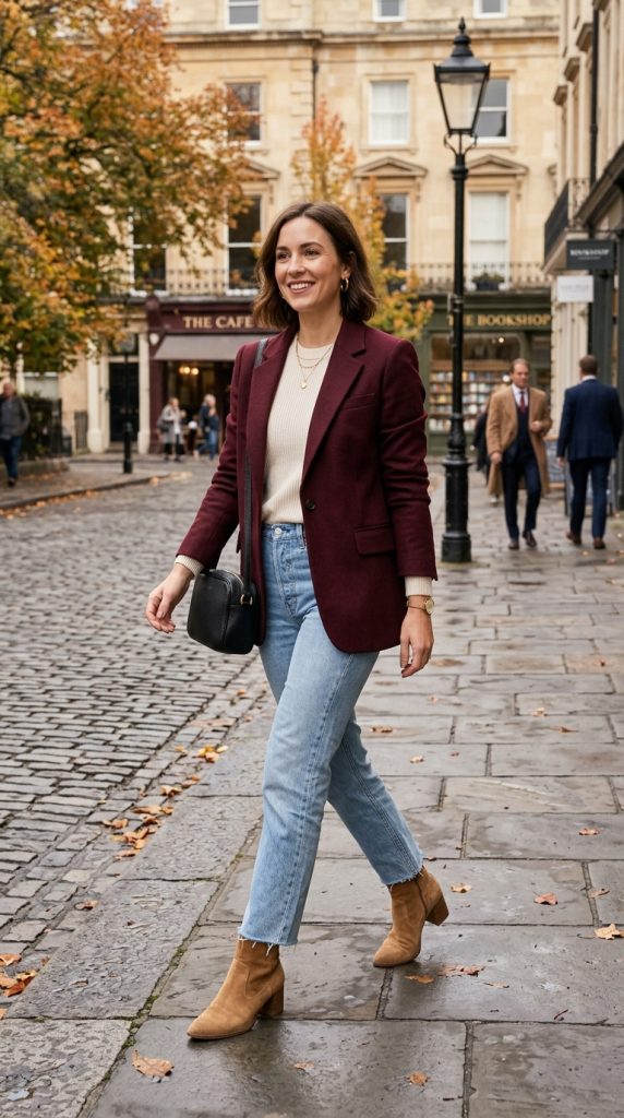 Burgundy Blazer and Light-Wash Jeans