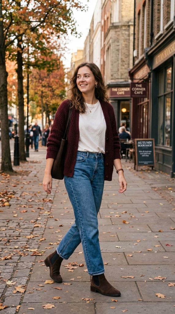 Burgundy Cardigan Over a White Tee