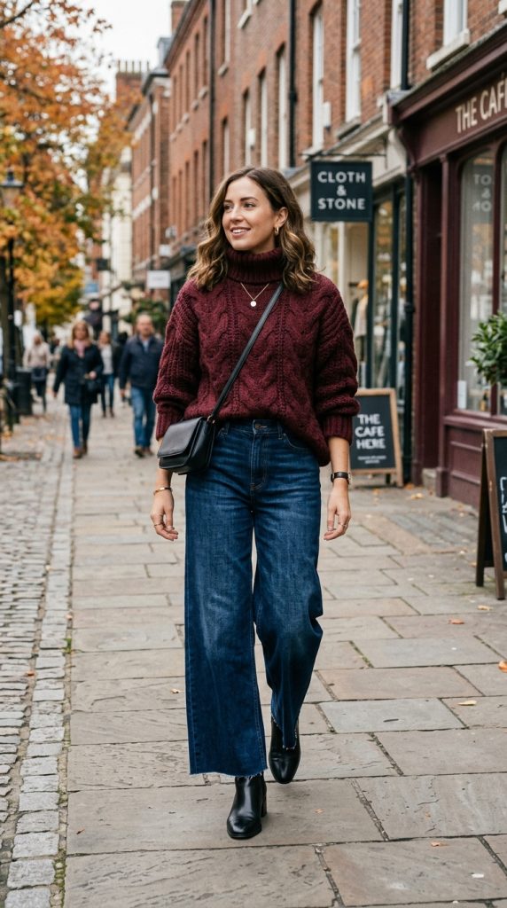 Burgundy Chunky Knit With Wide-Leg Jeans