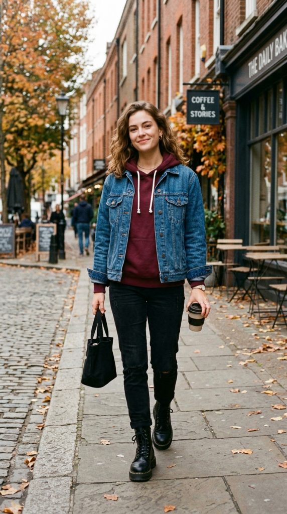 Burgundy Hoodie and Denim Jacket