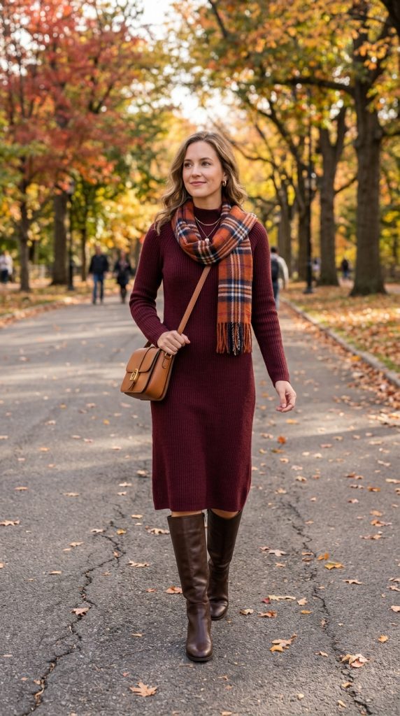 Burgundy Knit Dress With Knee-High Boots