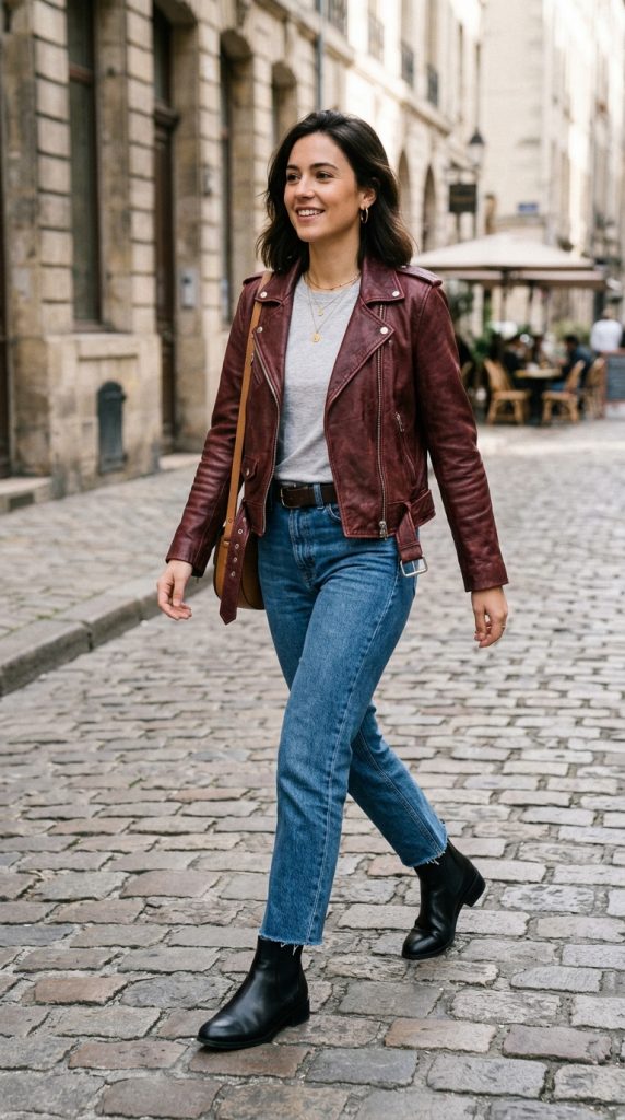 Burgundy Leather Jacket With Blue Jeans