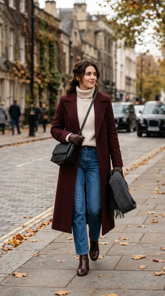Burgundy Long Coat With Denim