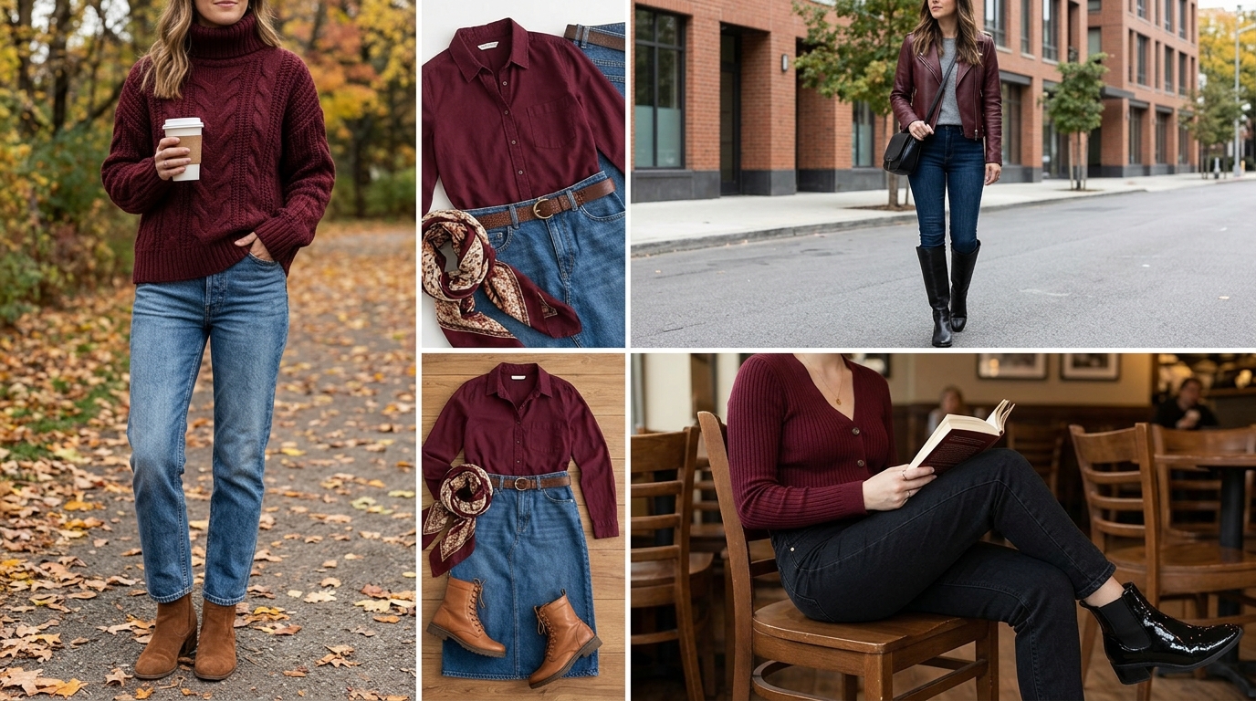 Burgundy Outfit Ideas With Boots and Denim