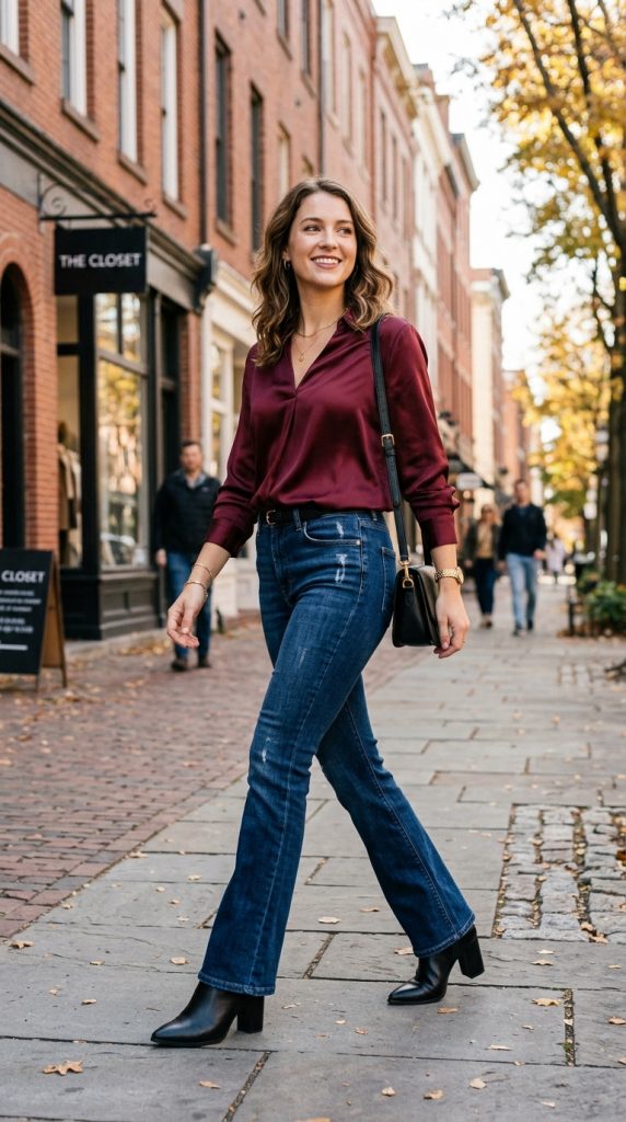 Burgundy Satin Blouse and Bootcut Jeans