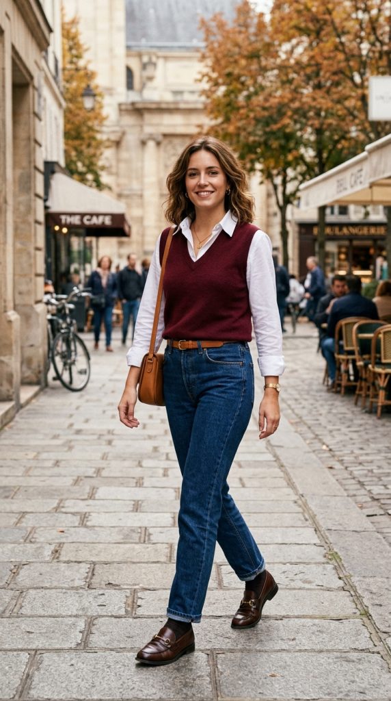 Burgundy Sweater Vest Over a Button-Down