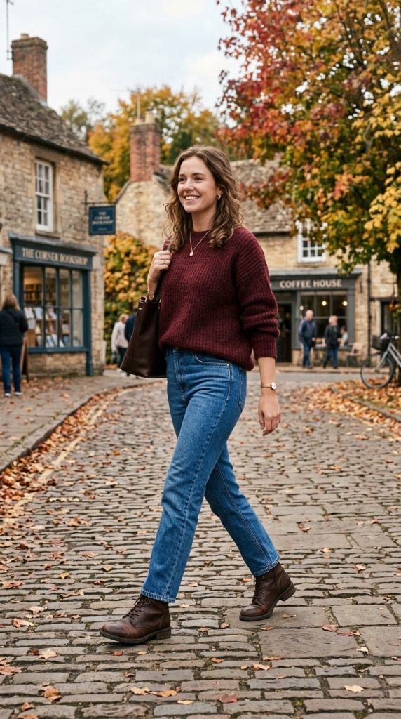Burgundy Sweater With Straight-Leg Jeans