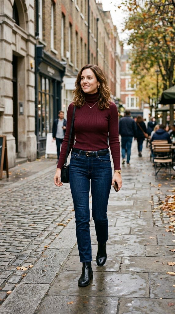Burgundy Turtleneck and Dark Wash Denim