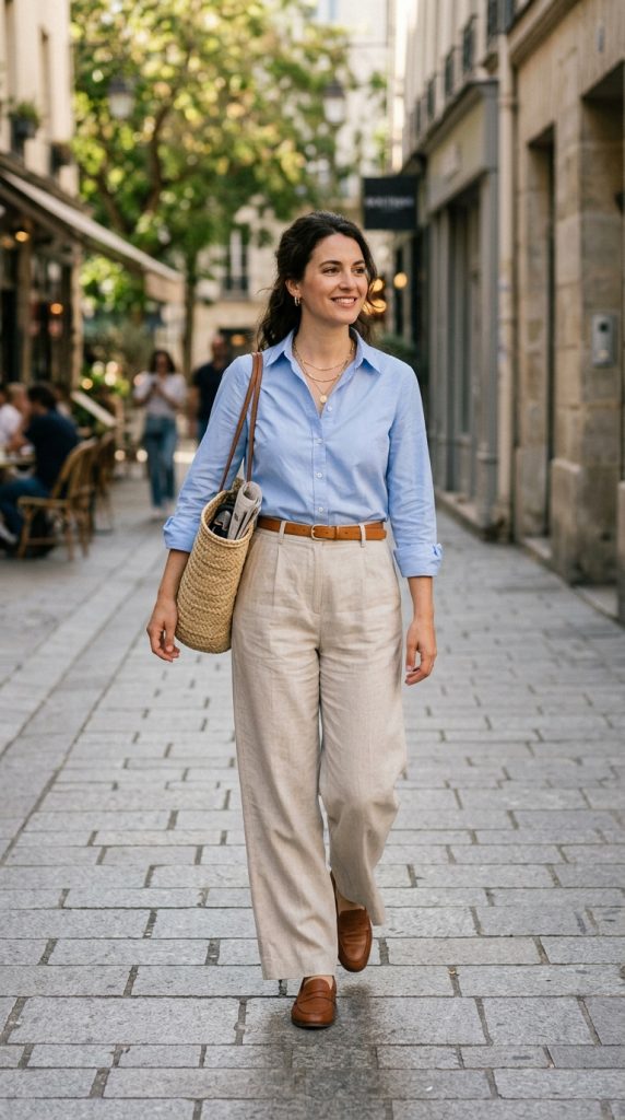 Button-Down Shirt and Wide-Leg Trousers