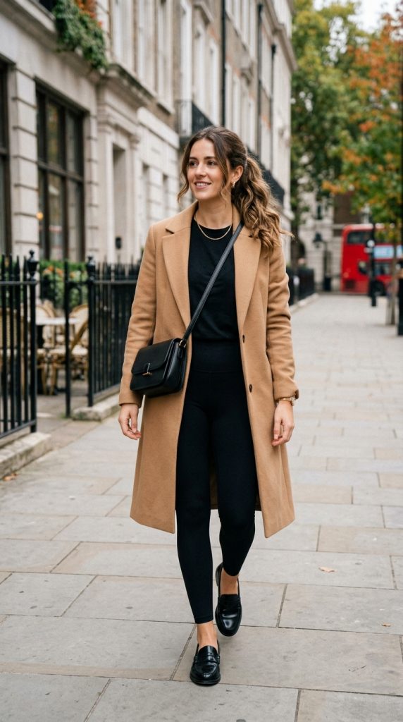 Camel Coat and Black Leggings
